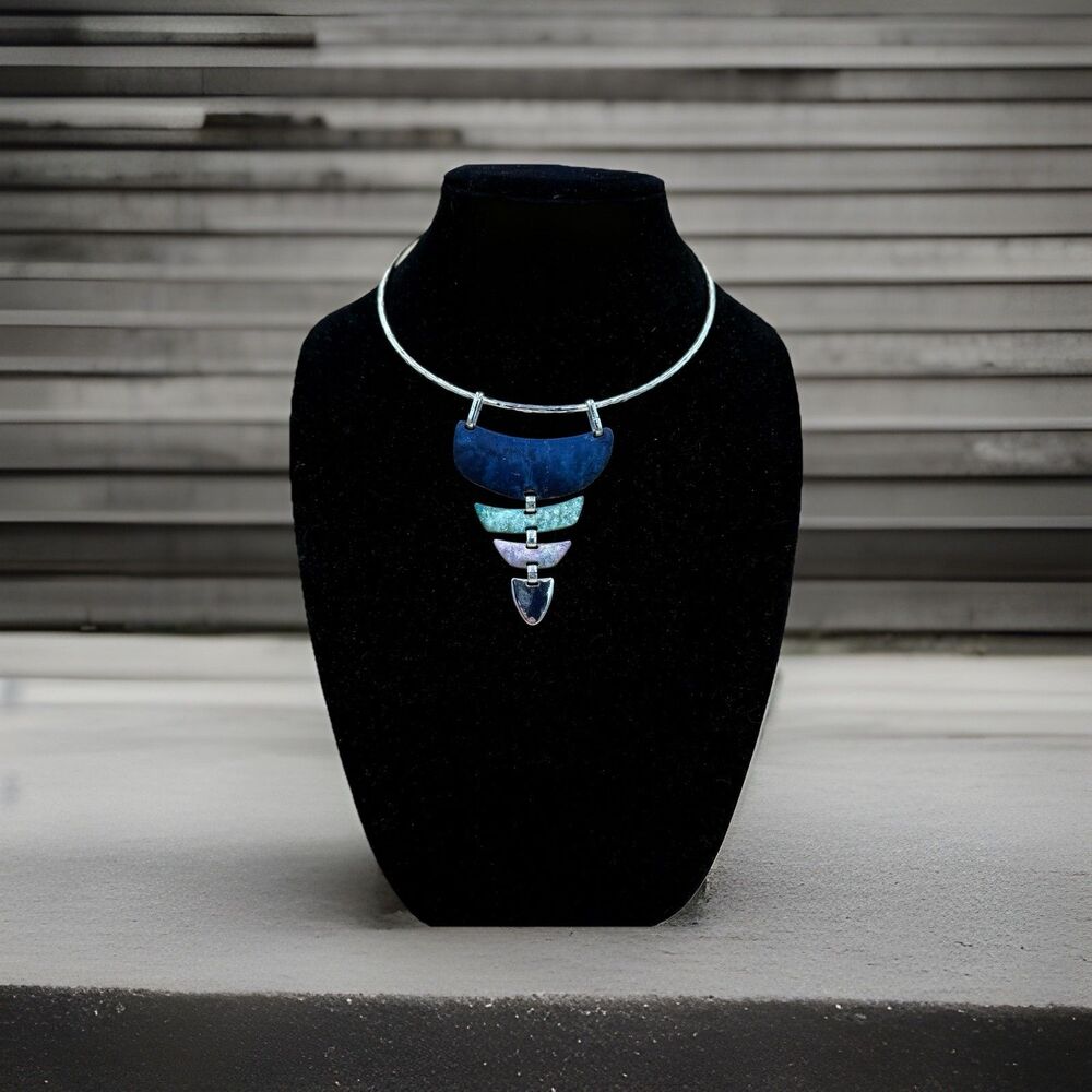 RLM SoHo Modernist Necklace, Hammered Silver Tone Torque & Geometric Pendant